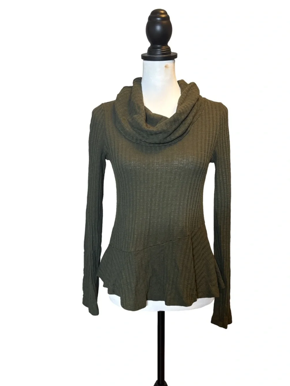 Anthropologie Maeve Olive Ribbed Cowl Peplum Sweater. XS - Picture 2 of 7